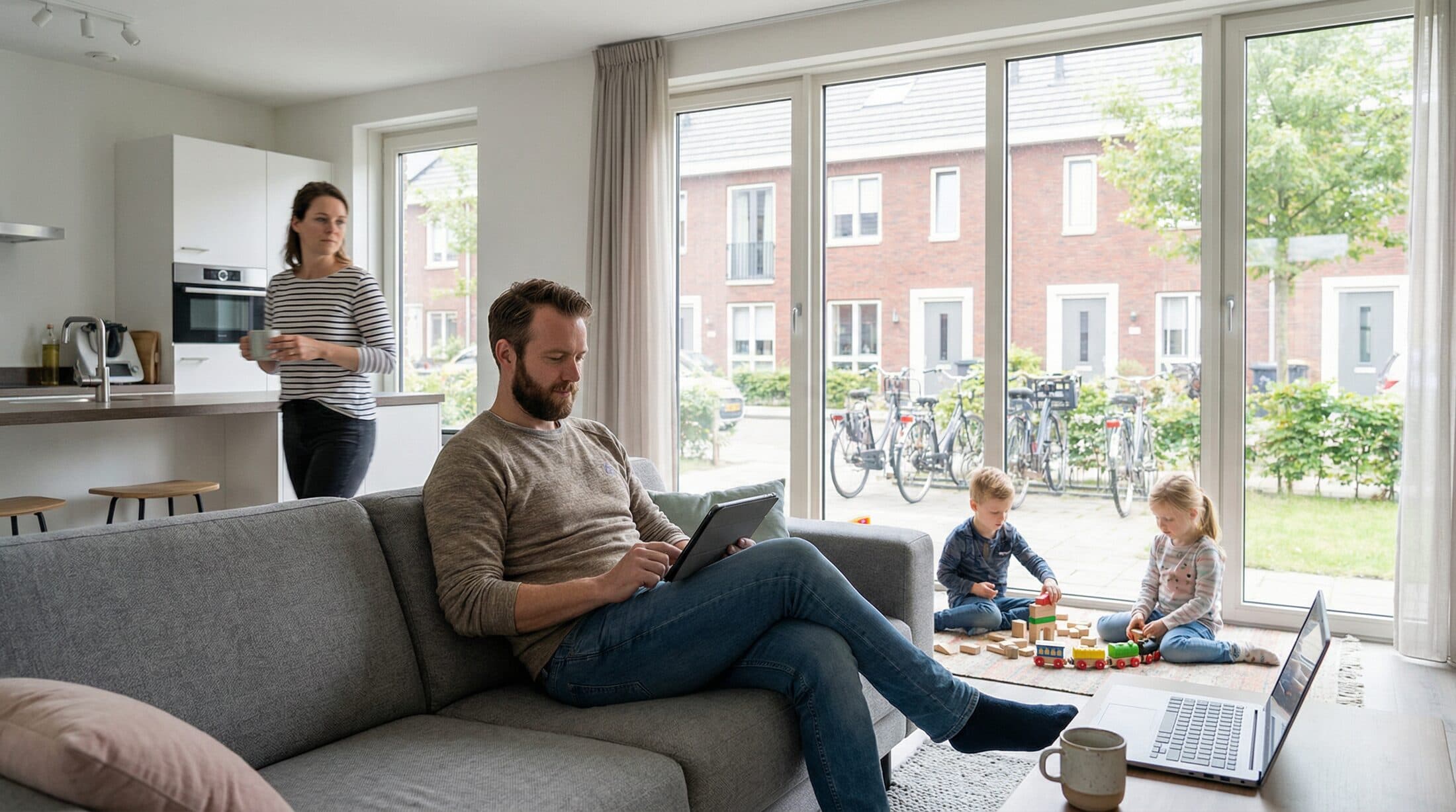 Gezin in de woonkamer, zorgeloos dankzij hun thuisbatterij